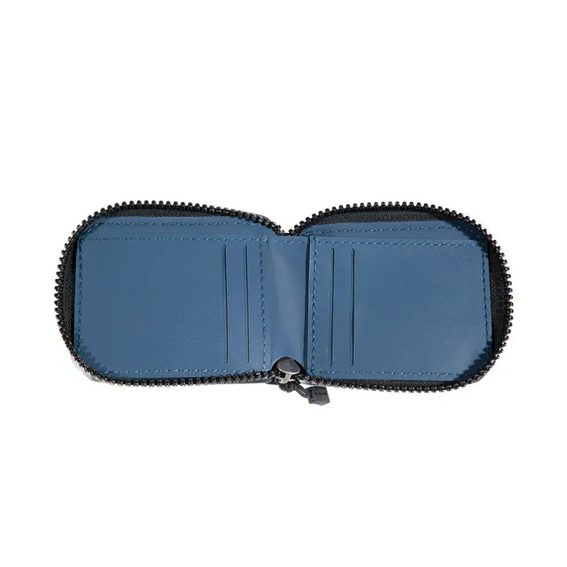 An open blue wallet on a white background