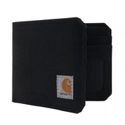 A black Carhartt wallet partially open on a white background