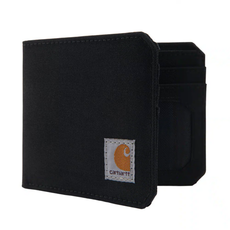 A black Carhartt wallet partially open on a white background