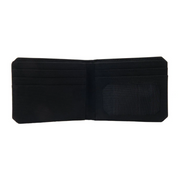 An open black wallet on a white background
