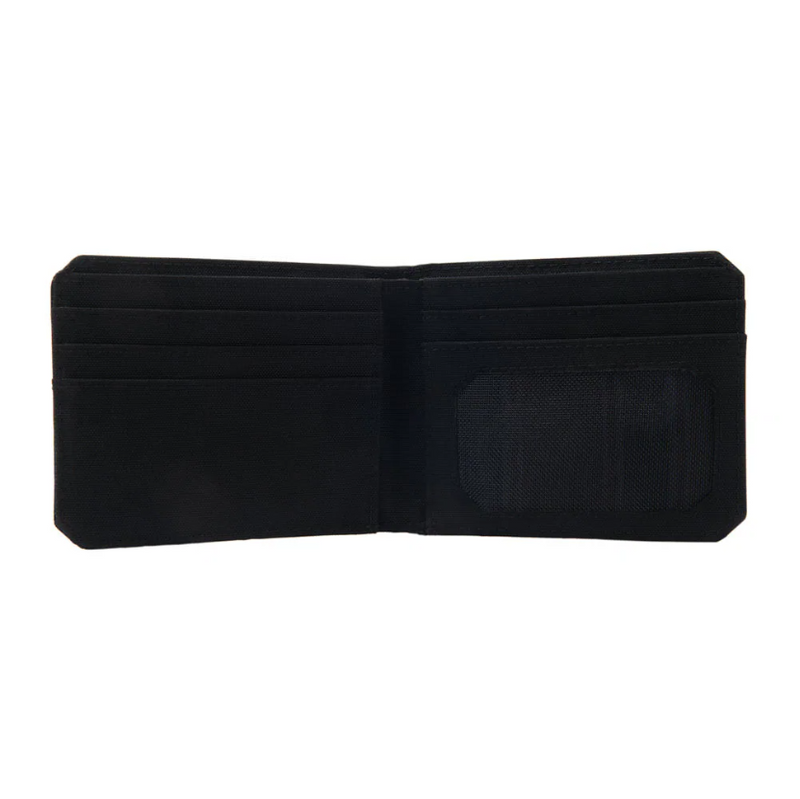 An open black wallet on a white background