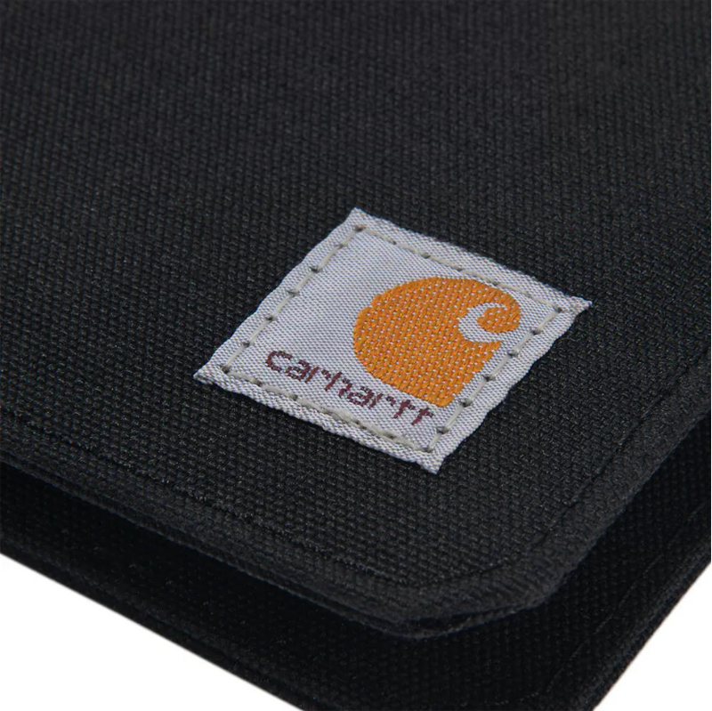 The Carhartt logo patch on black wallet on a white background