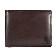A brown leather Carhartt wallet on a white background