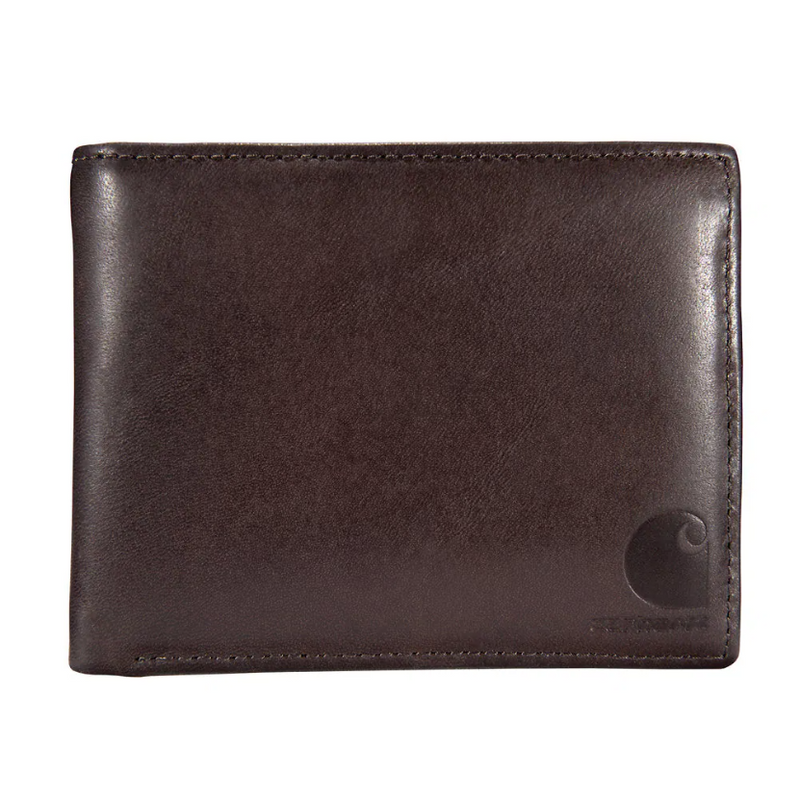 A brown leather Carhartt wallet on a white background