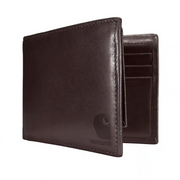 A brown leather wallet partially open on a white background