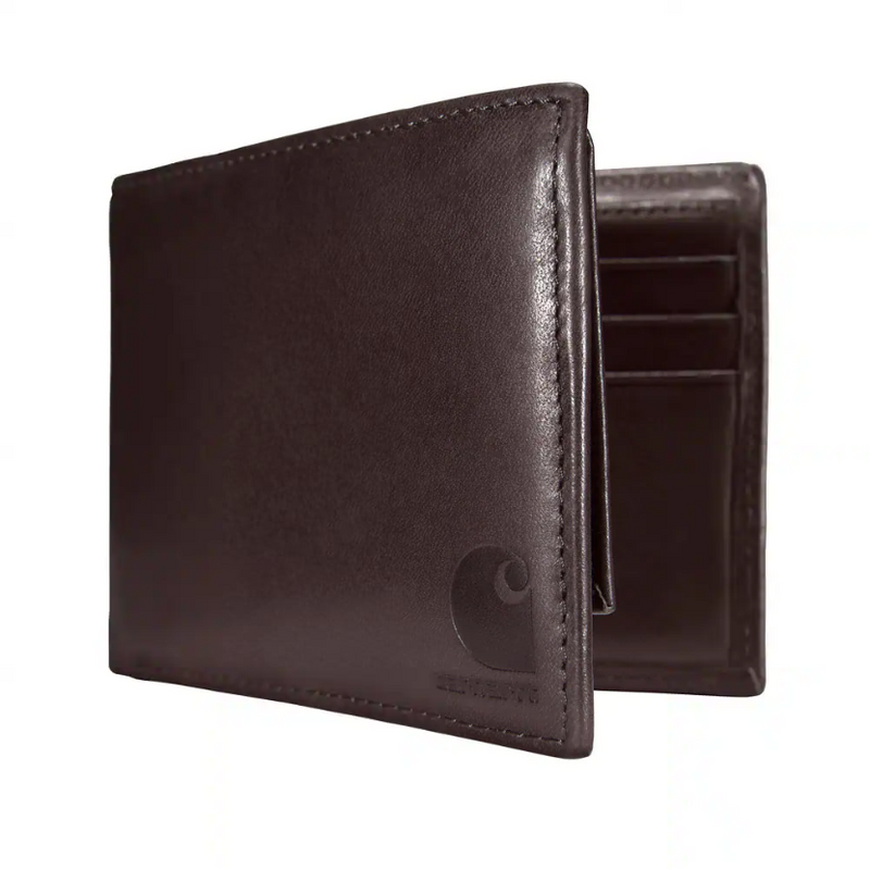 A brown leather wallet partially open on a white background