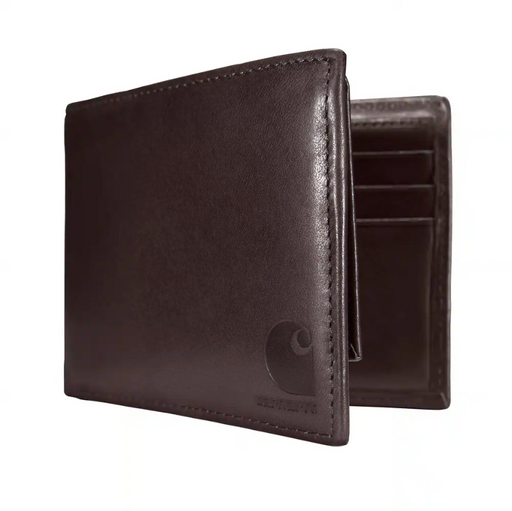 A brown leather wallet partially open on a white background