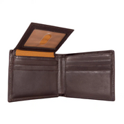 An open brown wallet with 6 credit card pocket on a white background
