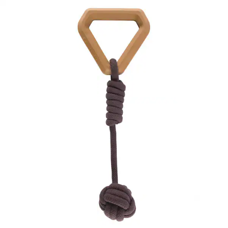 A dog toy with a brown handle and a dark brown rope on a white background