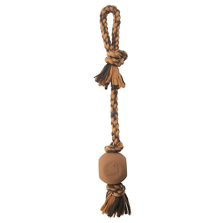 A brown and black rope with a brown rubber ball attached on a white background