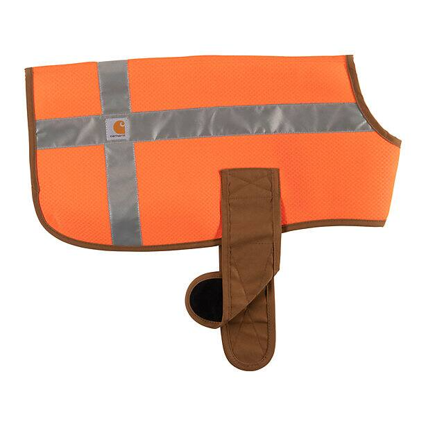 An orange dog vest with reflective tape on a white background