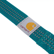 A blue dog leash with the Carhartt logo on it on a white background
