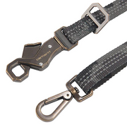 The 2 hooks on the ends of a gray dog leash on a white background