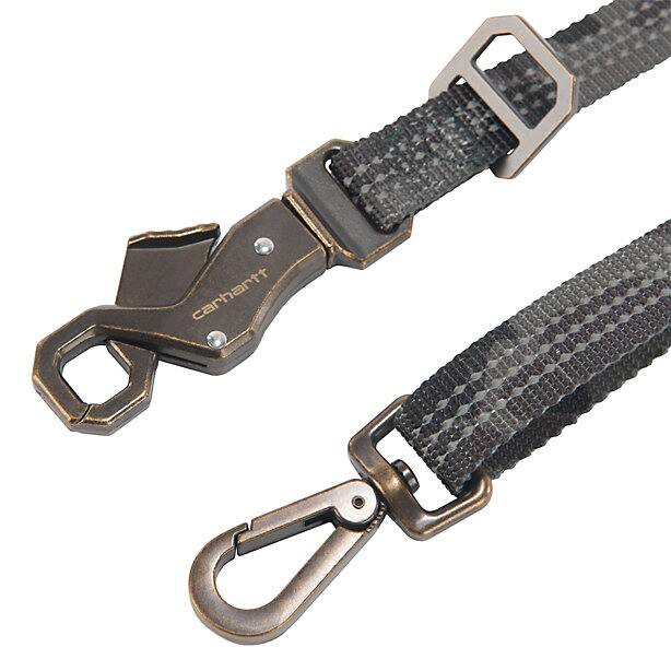 The 2 hooks on the ends of a gray dog leash on a white background