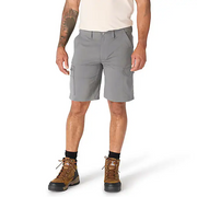 A person wearing a pair of gray cargo shorts on a white background