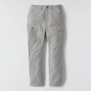 A pair of gray cargo pants on a white background