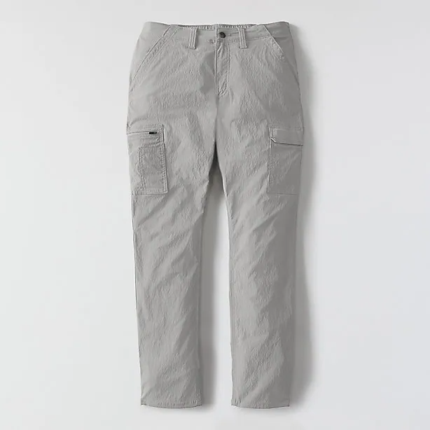 A pair of gray cargo pants on a white background