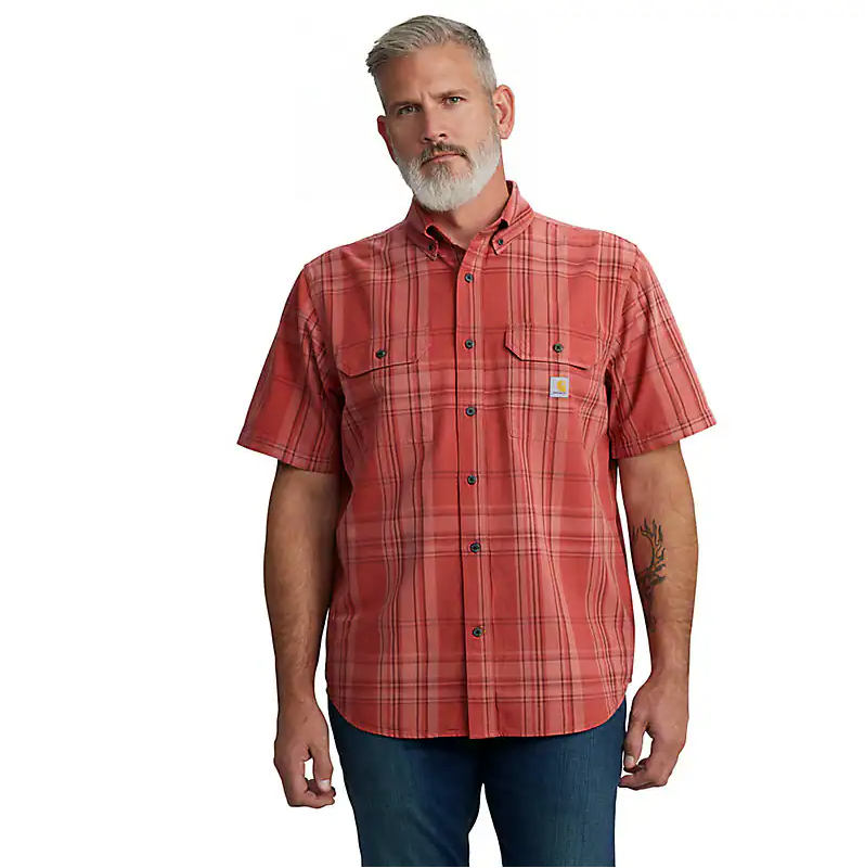Men's Short Sleeve Loose Fit Midweight Plaid Shirt | Crimson Moss