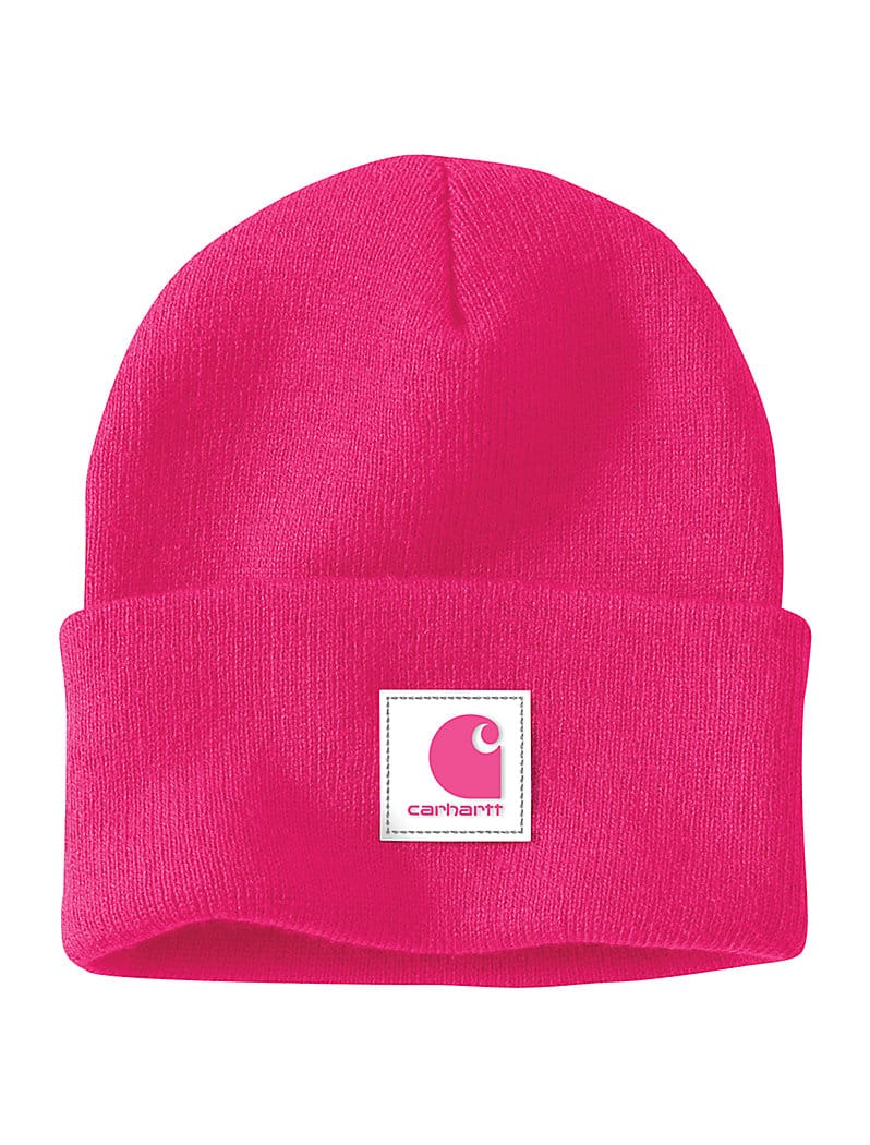 Hot pink beanie featuring a Carhartt logo against a white background. 