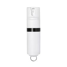 A white can of pepper spray with a clip on the bottom on a white background