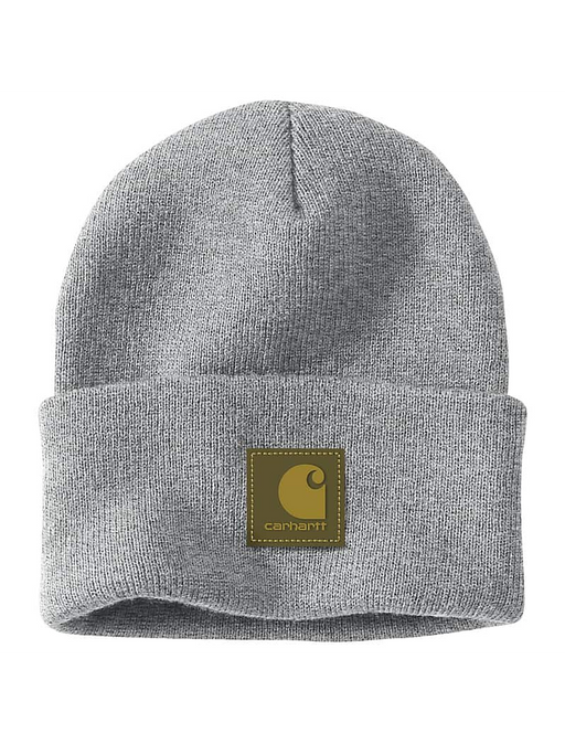Grey cuffed beanie featuring a Carhartt logo against a white background. 