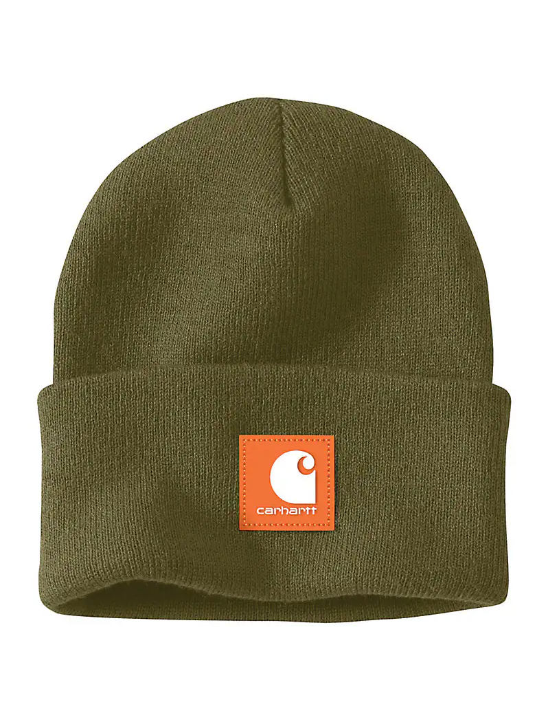 Dark green cuffed beanie featuring a Carhartt logo against a white background. 