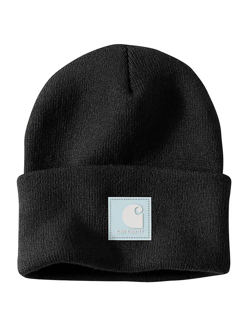 Black cuffed beanie featuring a Carhartt logo against a white background. 