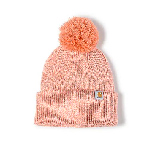 Pink colored pom pom beanie with Carhartt logo on it against a white background. 
