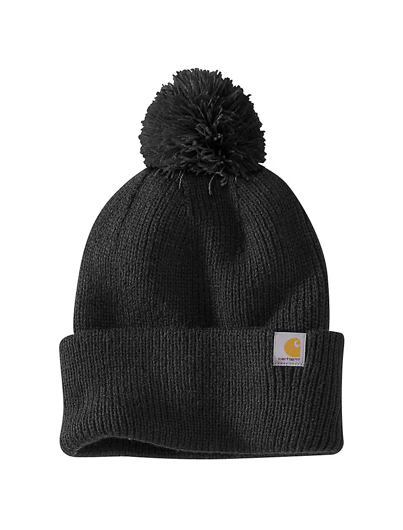 Black pom pom beanie with Carhartt logo against a white background. 