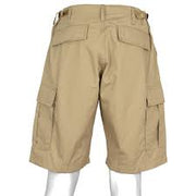 Beige cargo shorts on a mannequin against a white background