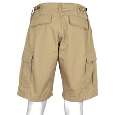 Beige cargo shorts on a mannequin against a white background