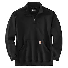 Black 1/4 zip jacket with a Carhartt logo on the pocket on a white background.