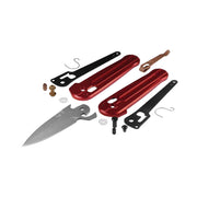 Knife set with red and black components on a white background