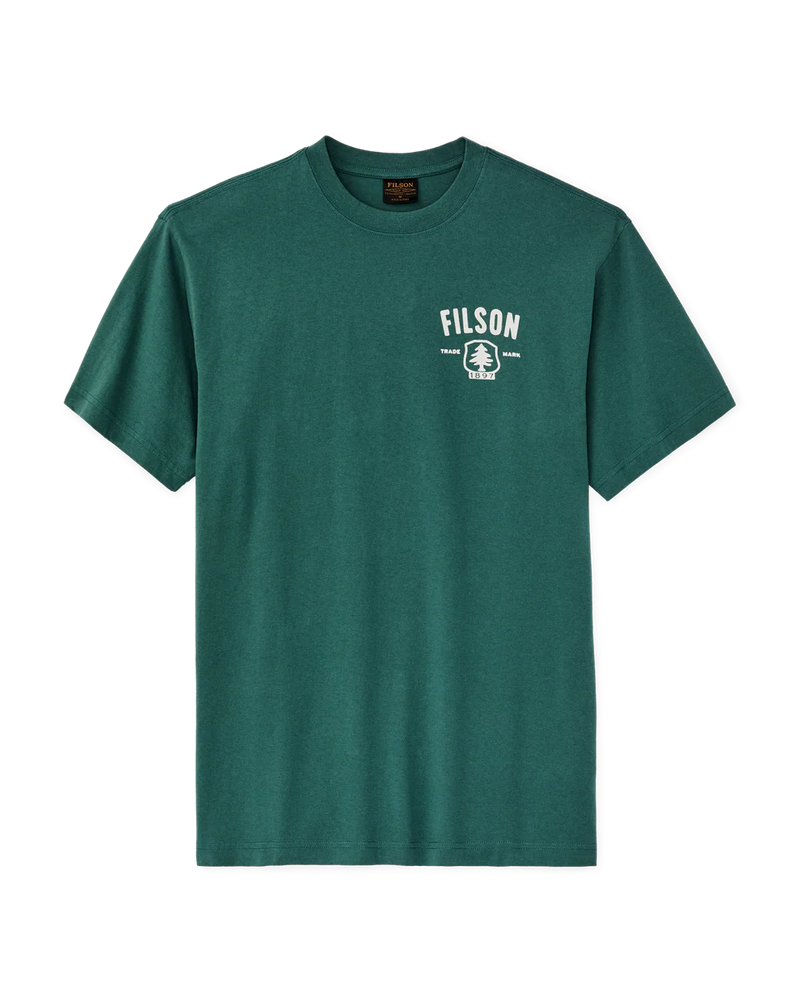 Green t-shirt with 'Filson' logo on a white background