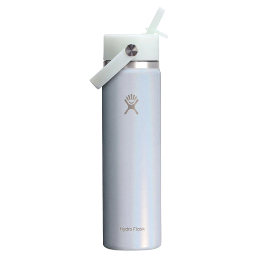 A Hydro Flask insulated water bottle in an opalescent blue finish with a white lid and straw, shown on a plain white background.