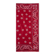 Red neck gaiter with a white paisley pattern on a white background.