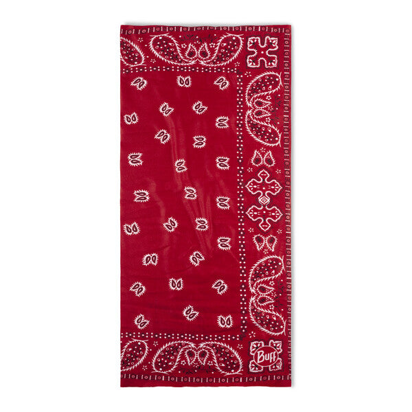 Red neck gaiter with a white paisley pattern on a white background.