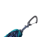 The clip of a hammock attached by a blue rope on a white background