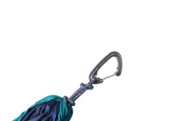 The clip of a hammock attached by a blue rope on a white background