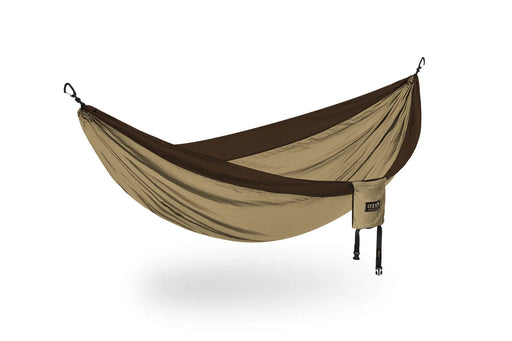A tan hammcok with brown lining on a white background