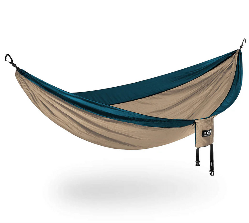 A tan hammock with blue lining on a white background