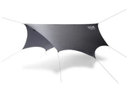A gray tarp with 8 support ropes on a white background