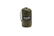 A greenish brown bag with a black string on a white background