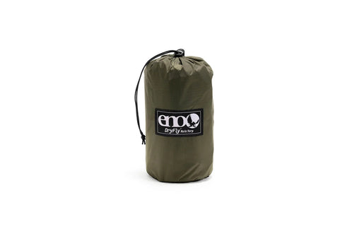 A greenish brown bag with a black string on a white background