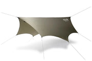 A greenish brown tarp with 8 support ropes on a white background