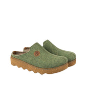 Pair of green slippers with brown soles on a white background