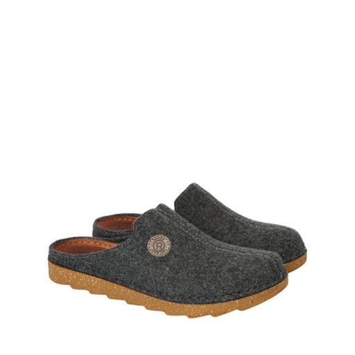 Pair of gray slippers with brown soles on a light gray background