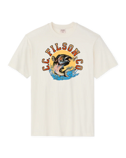 White t-shirt with a graphic design featuring a fish and text on a white background