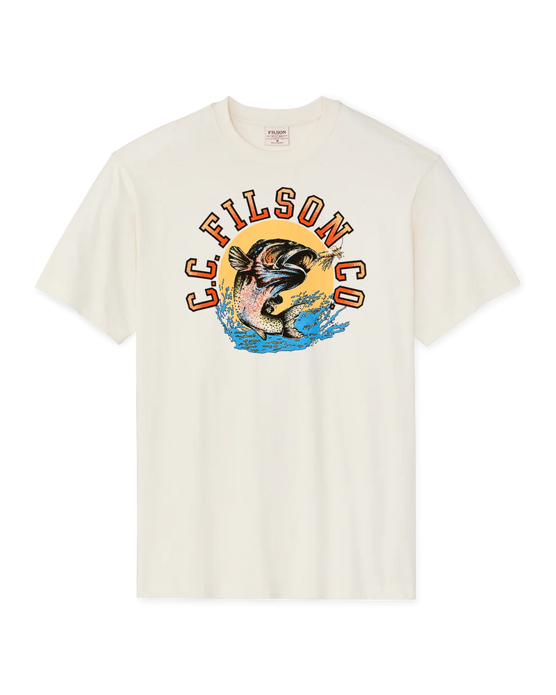 White t-shirt with a graphic design featuring a fish and text on a white background