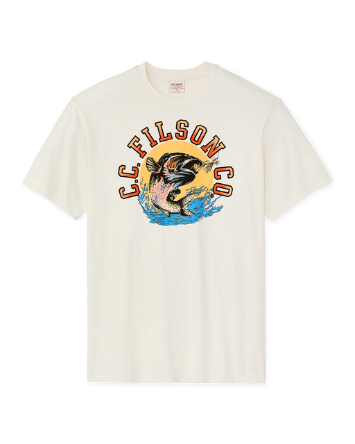 White t-shirt with a graphic design featuring a fish and text on a white background